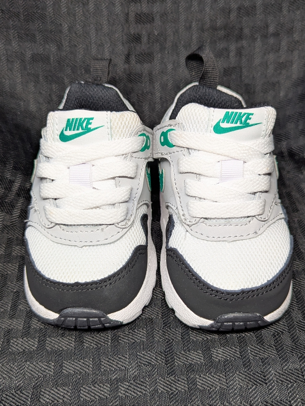 Black, White And Teal Nike Air Max One Easy On Kids Athletic Shoes.